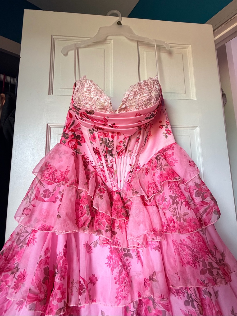 Pink Floral Ruffled Ball Gown